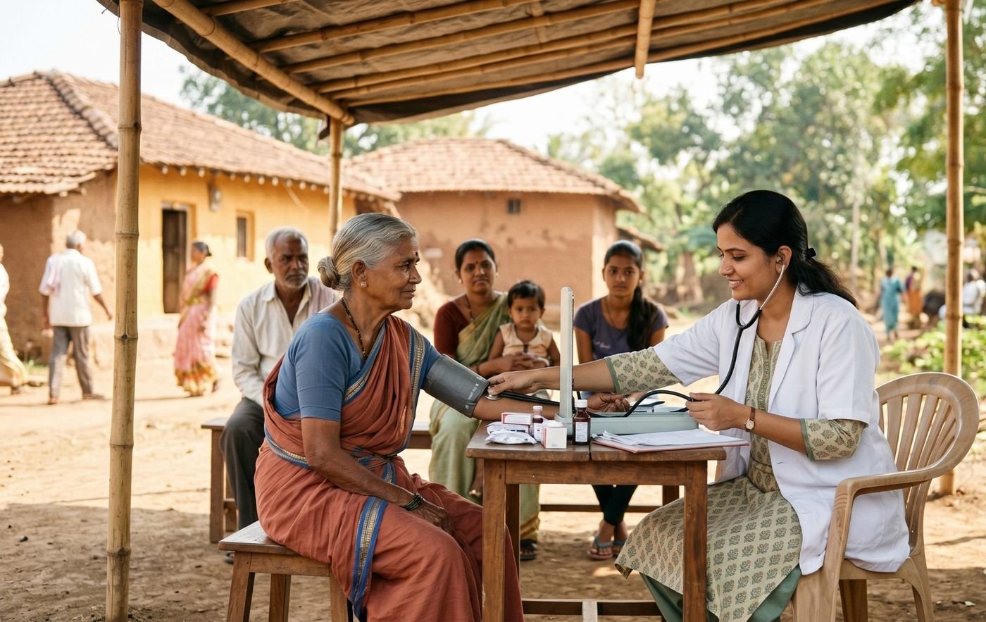 A HariKshama Foundation health worker checking an elderly woman's blood pressure at a free village medical camp, with families waiting under a bamboo shelter