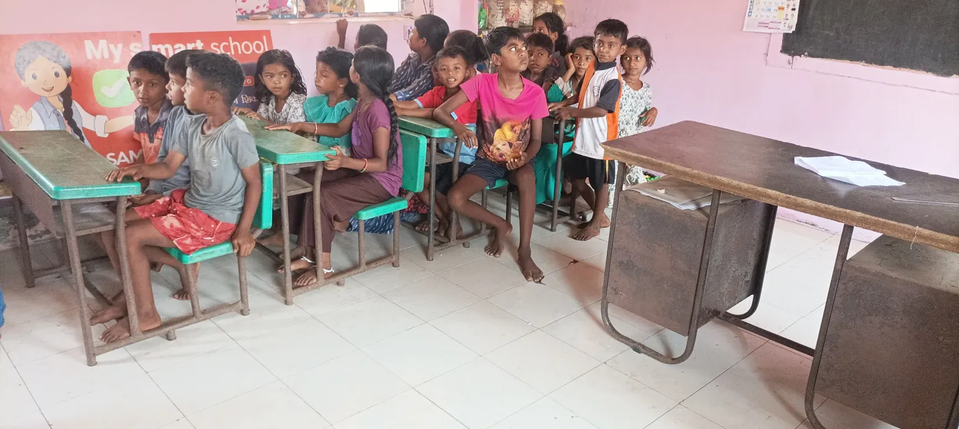 Tribal children seated in a classroom at the Nifarwadi hamlet school