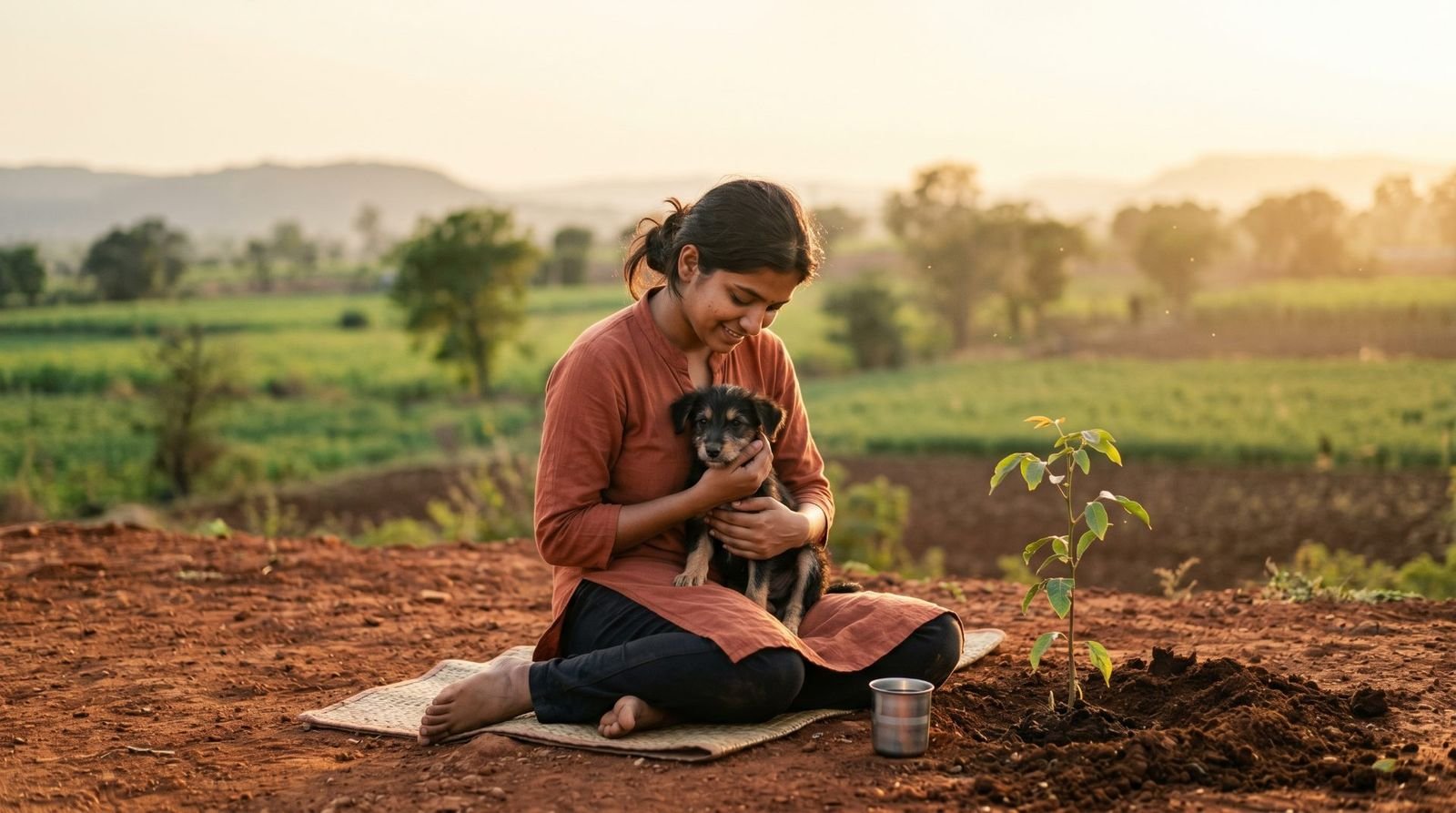 A young woman gently holding a rescued puppy beside a freshly planted sapling in the warm light of a Maharashtra field at dusk