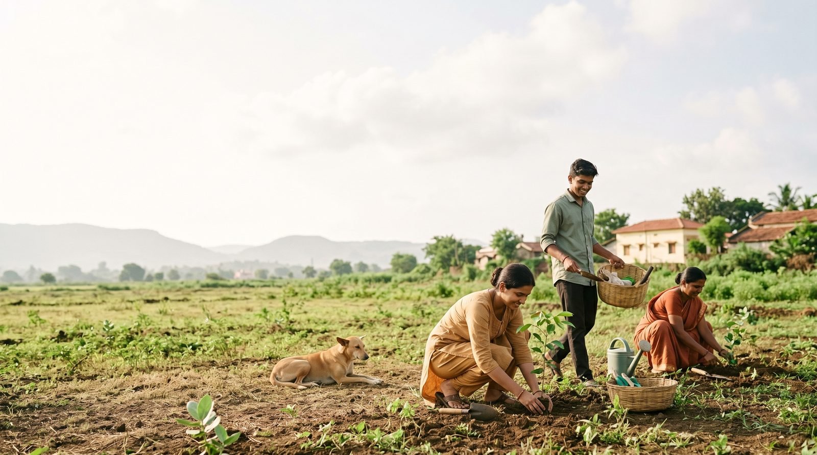 A family planting saplings together in a Maharashtra field, a dog resting nearby